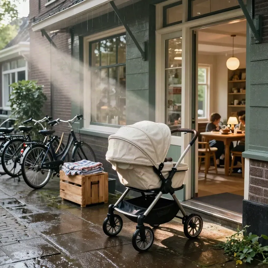 Druppelende fietsen en een kinderwagen in een Nederlands buurthuis na een zomerse bui.
