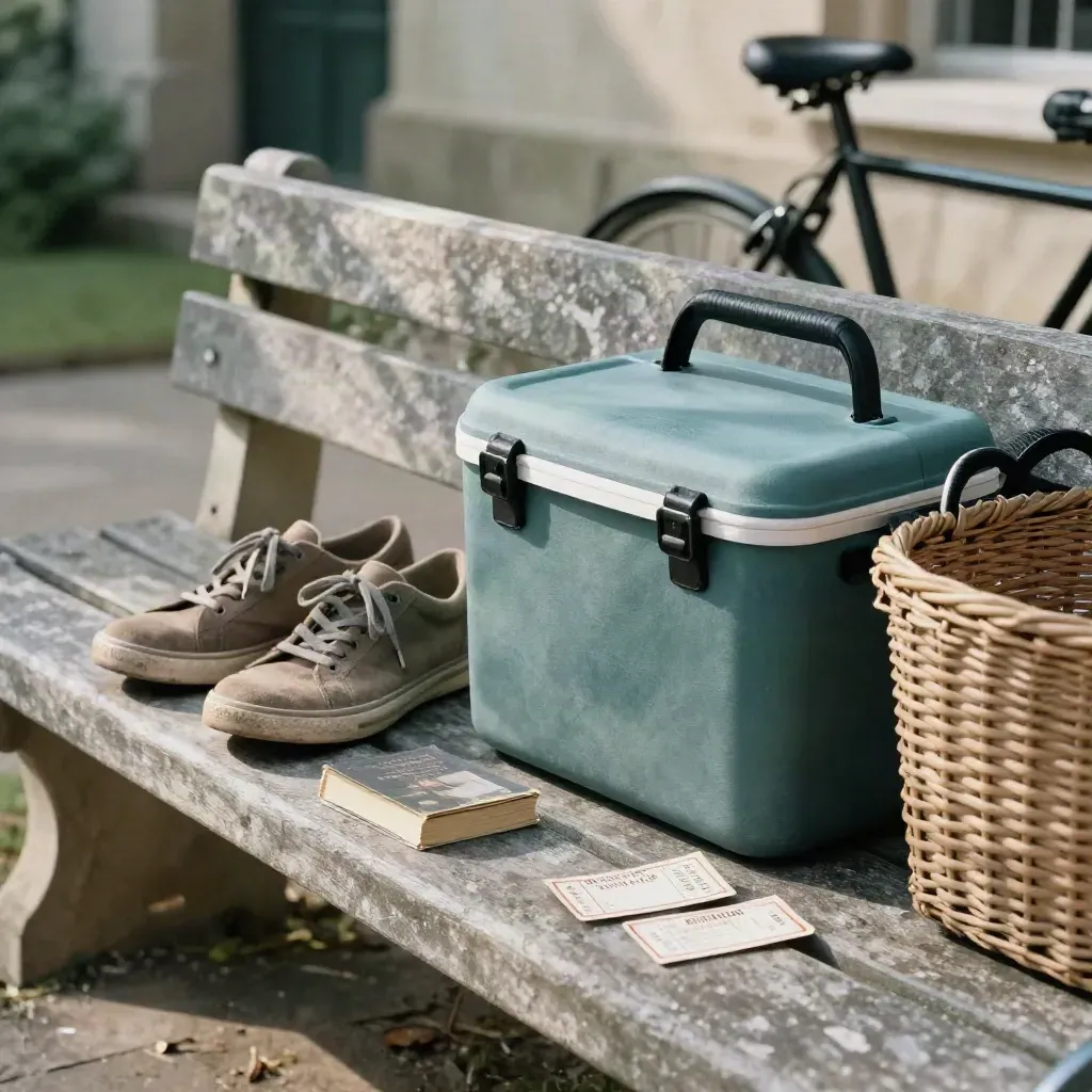 Weekendbundle op stenen bank met sportschoenen, tickets, boek en picknickkoeler bij een fietsmand.