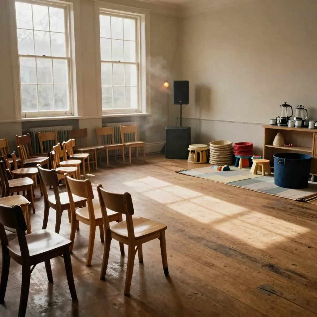 Een buurtzaal staat klaar met zestig lege stoelen, koffie, kinderkhoek en een spreekstand.