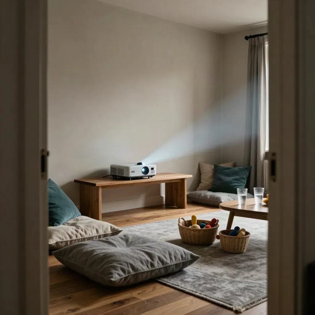 Donkere woonkamer met projector, kussens, speelgoedmanden en waterglazen voor een schermtijdavond.