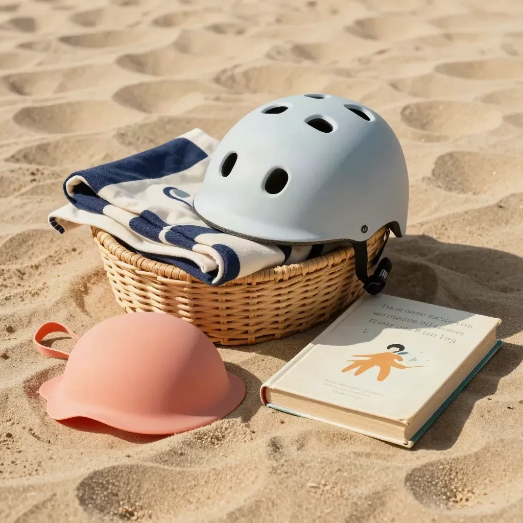 Helm, zwemmuts, boek en picknickkleed naast een mand, klaar voor een actief gezin