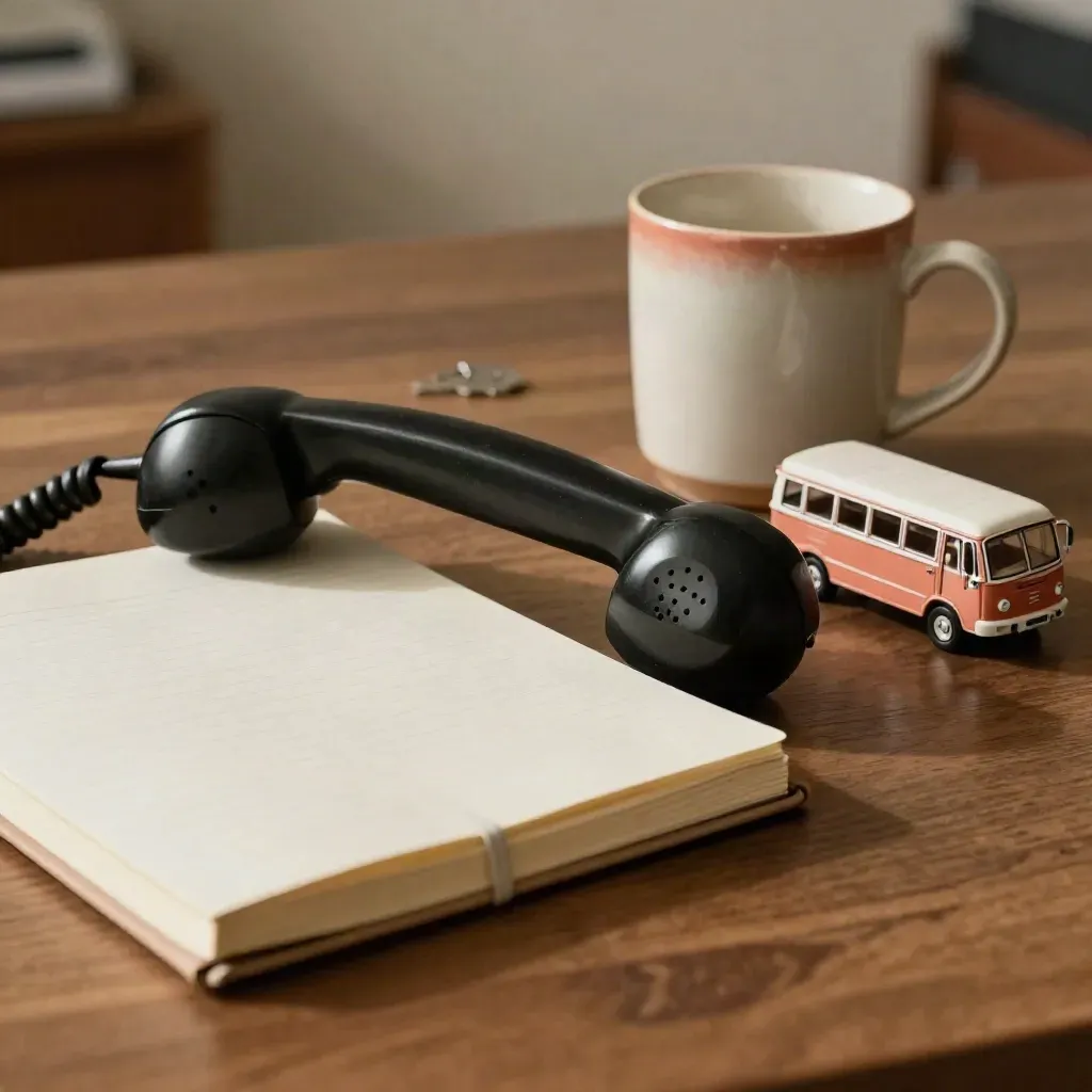 Notitieboek, telefoonhoorn, mok en speelgoedbus op een walnoothouten tafel.