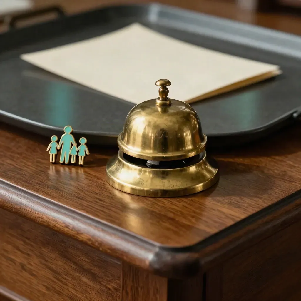 Messing deskbel, gelakte tray en familiebadge op walnoot in macro met teal-gloed.