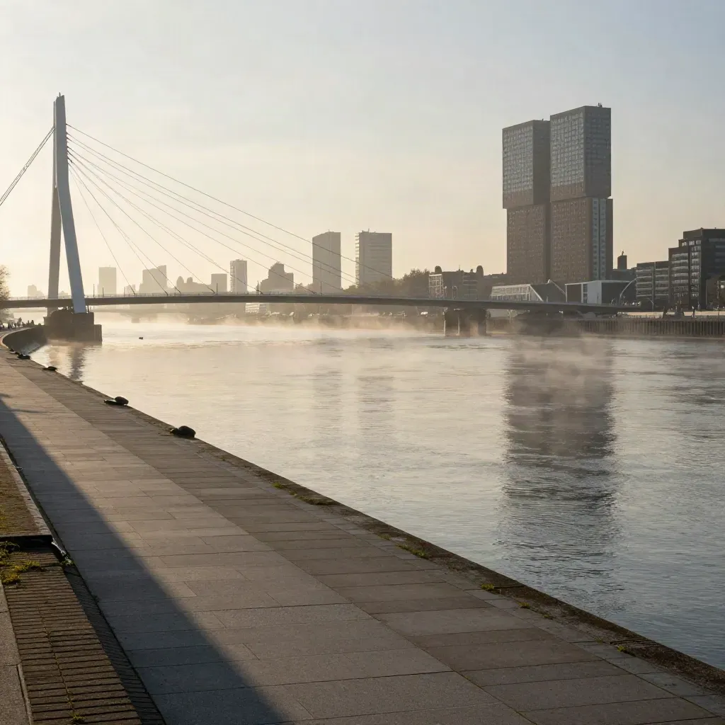 Rotterdamse rivieroever bij gouden uur met brugsilhouetten en zachte skyline in nevel.